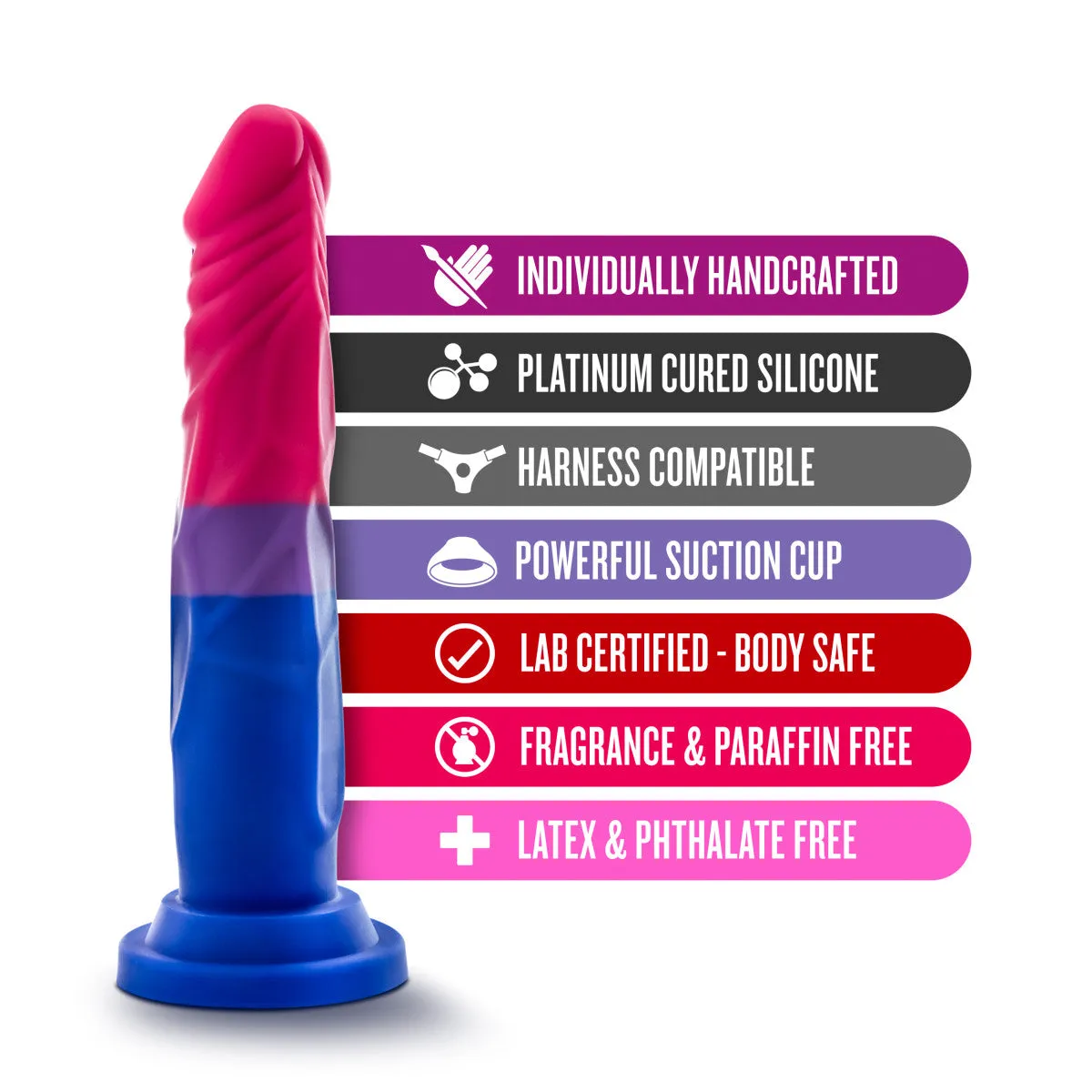 Avant By Blush® | Pride Love P8: Artisan 7 Inch Dildo with Suction Cup Base - Elegantly Made with Smooth Ultrasilk® Purio™ Silicone