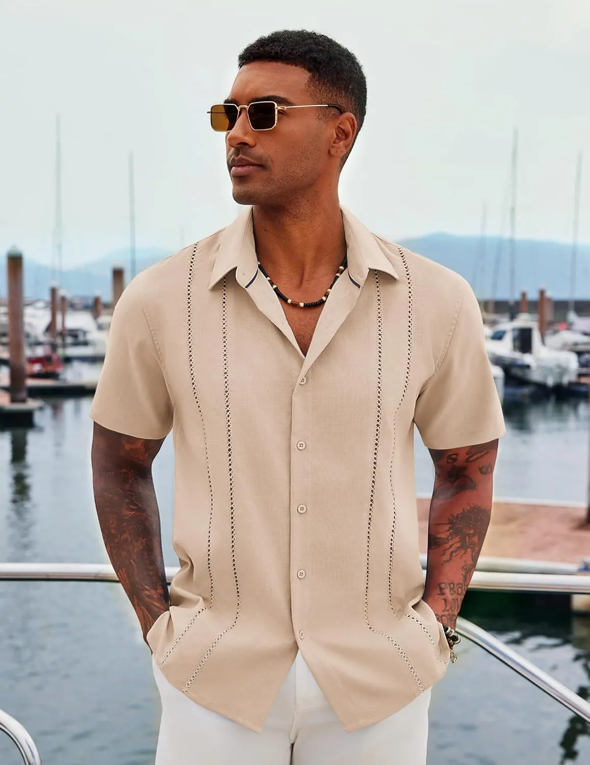 COOFANDY Men's Cuban Guayabera Shirt Casual Short Sleeve Button Down Shirts Summer Beach Shirts