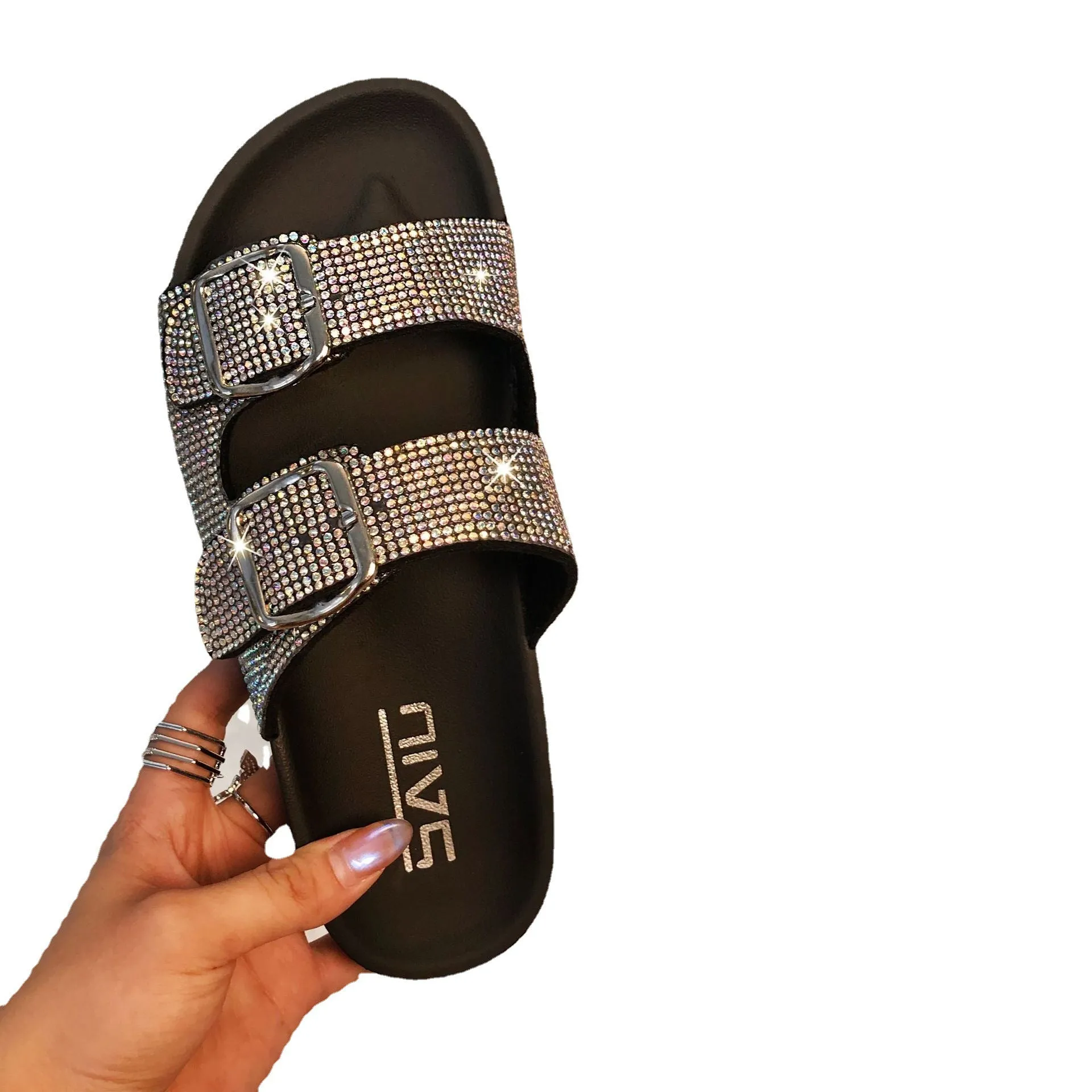 Double-Buckle Rhinestone Flat Slippers for Women