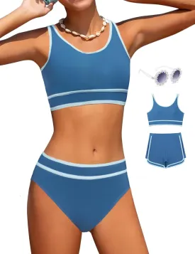 Girls Swimsuits 3 Piece Bathing Suit Bikini Set with Sporty Shorts and Sunglasses Beach Swimwear for Girl 8-15 Years