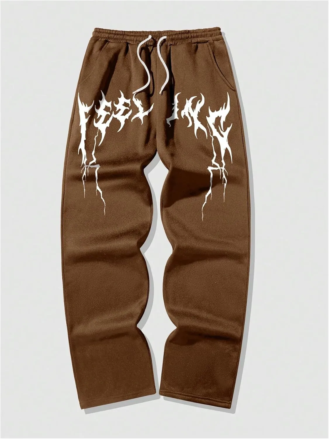 OYOANGLE Men's Graphic Print Drawstring Waist Baggy Sweatpants Loose Straight Leg Pants with Pocket