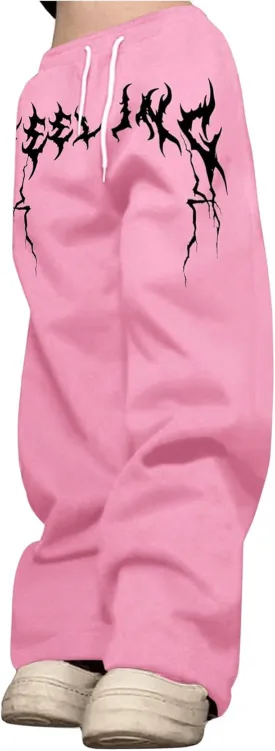 OYOANGLE Men's Graphic Print Drawstring Waist Baggy Sweatpants Loose Straight Leg Pants with Pocket