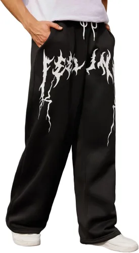 OYOANGLE Men's Graphic Print Drawstring Waist Baggy Sweatpants Loose Straight Leg Pants with Pocket