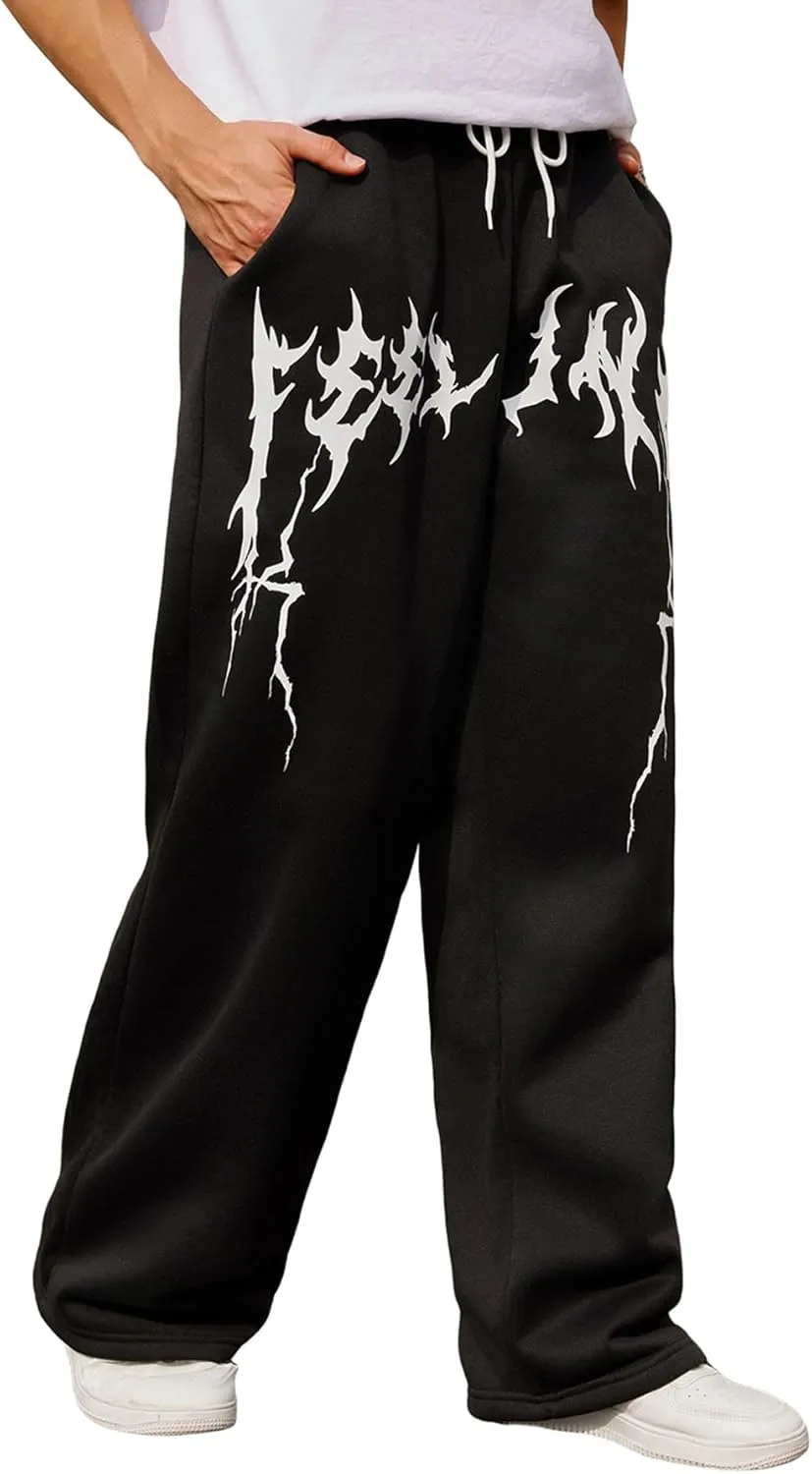 OYOANGLE Men's Graphic Print Drawstring Waist Baggy Sweatpants Loose Straight Leg Pants with Pocket
