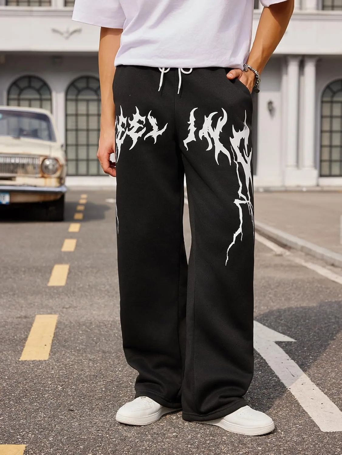 OYOANGLE Men's Graphic Print Drawstring Waist Baggy Sweatpants Loose Straight Leg Pants with Pocket