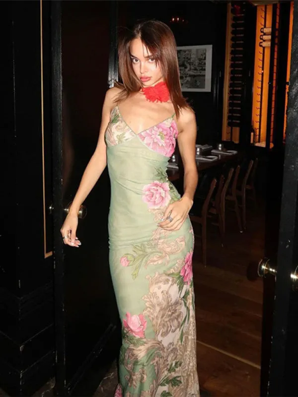 Vacation Casual Slim Positioning Printed Suspender Dress