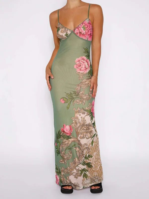 Vacation Casual Slim Positioning Printed Suspender Dress