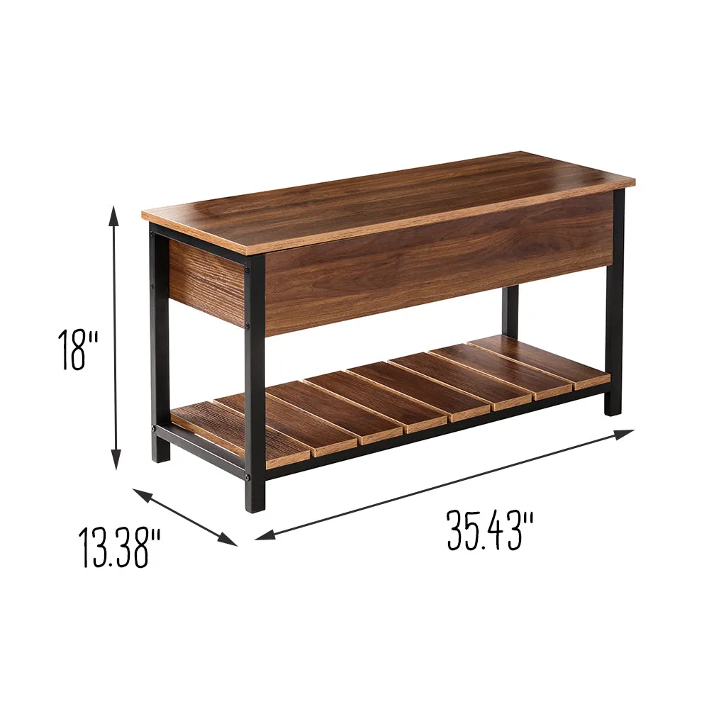 Walnut/Black Bench with Open-Top and Shoe Storage